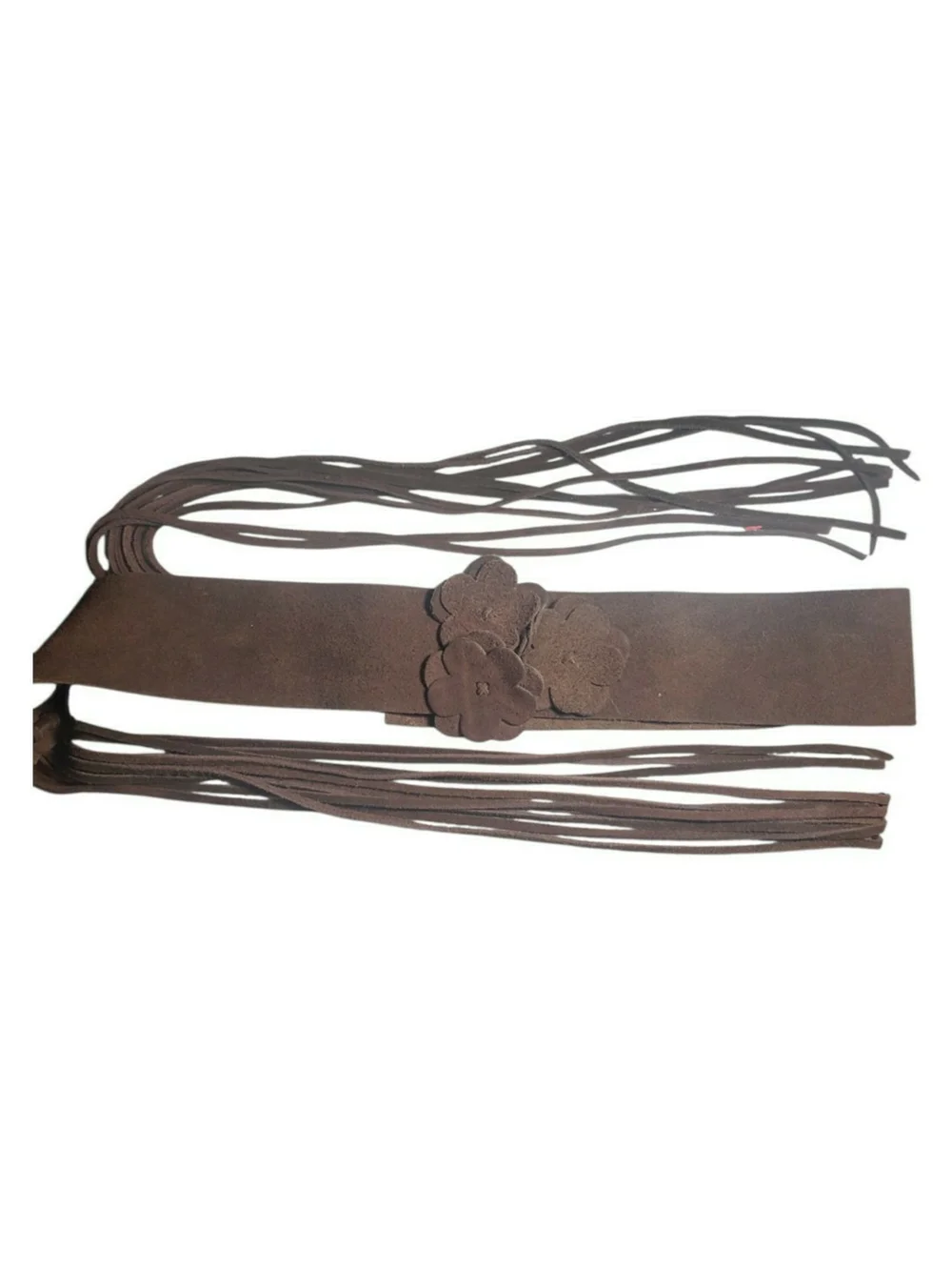 Brown tie leather floral fringe waist belt - Women Accessories